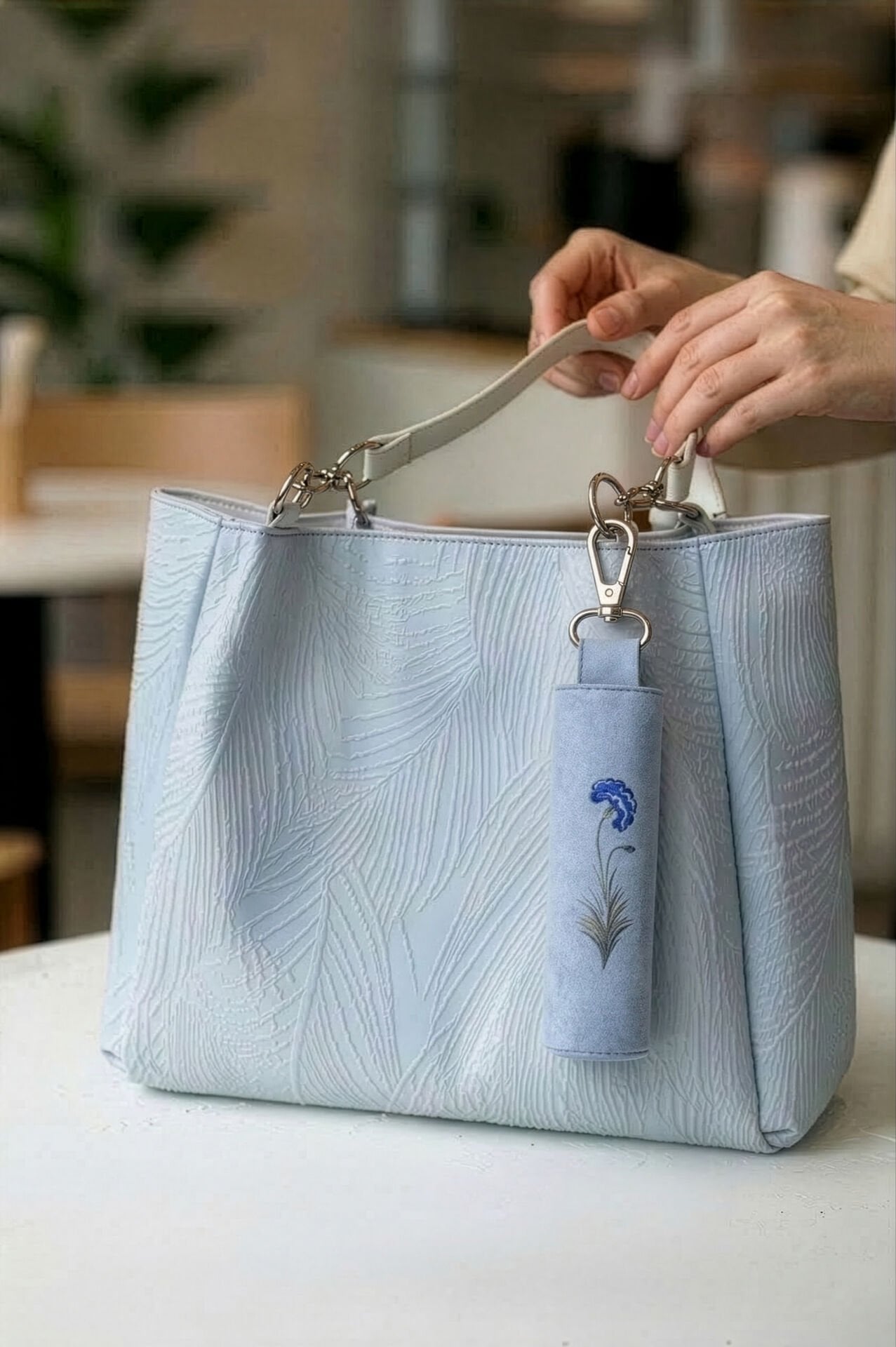 Waterproof travel prayer mat sajadah with bag charm in blue carnation floral design by Sedels