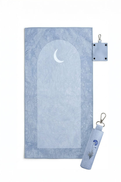 Waterproof travel prayer mat sajadah with bag charm in blue carnation floral design by Sedels