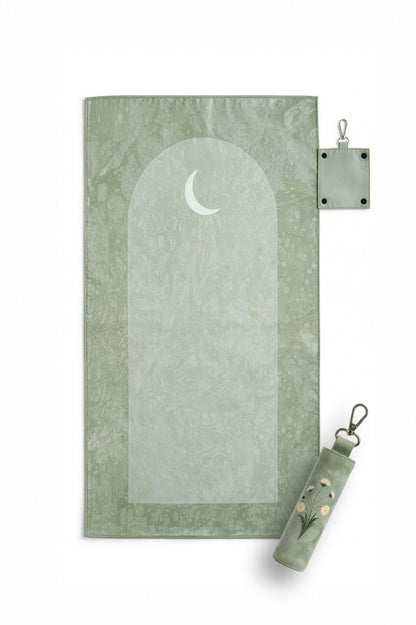 Waterproof travel prayer mat sajadah with bag charm in green daisy floral design by Sedels