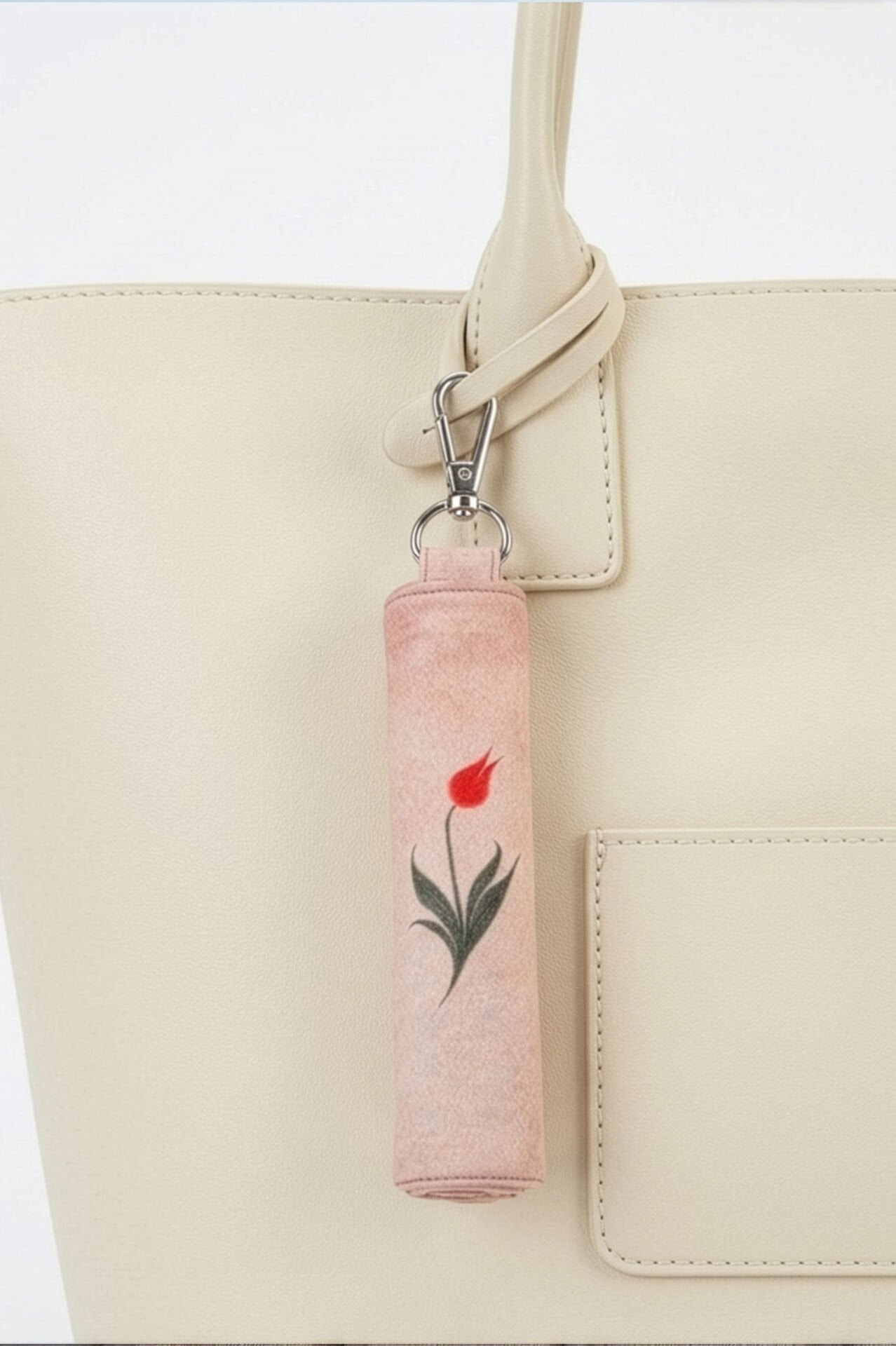 Waterproof travel prayer mat sajadah with bag charm in pink tulip floral design by Sedels